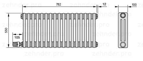 Схема (чертеж) Радиатор Zehnder Charleston 3055/17 №V004 Белый глянцевый RAL 9016